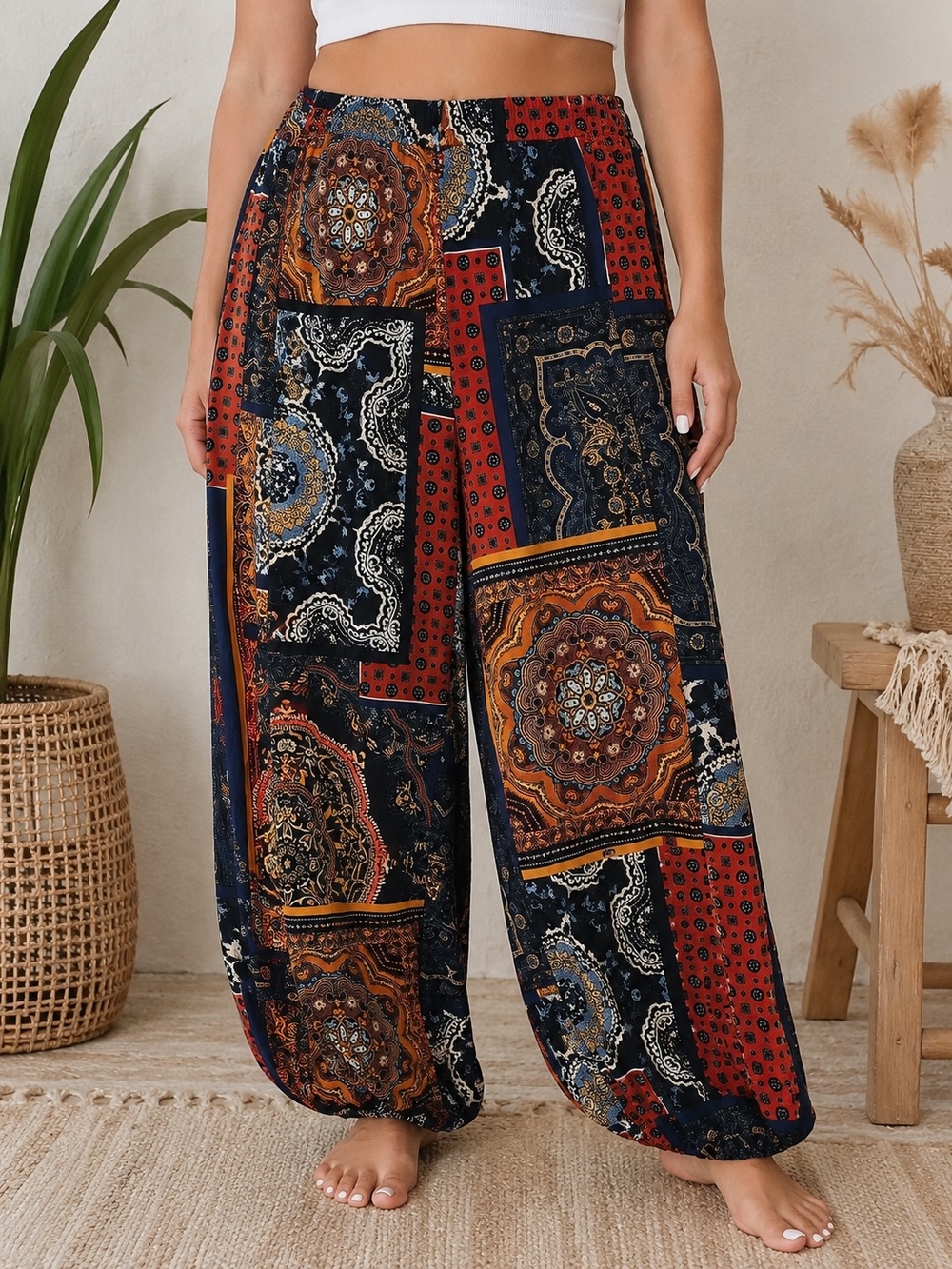 Good Time USA Boho Patchwork Harem Jogger Pants Pockets Size Large